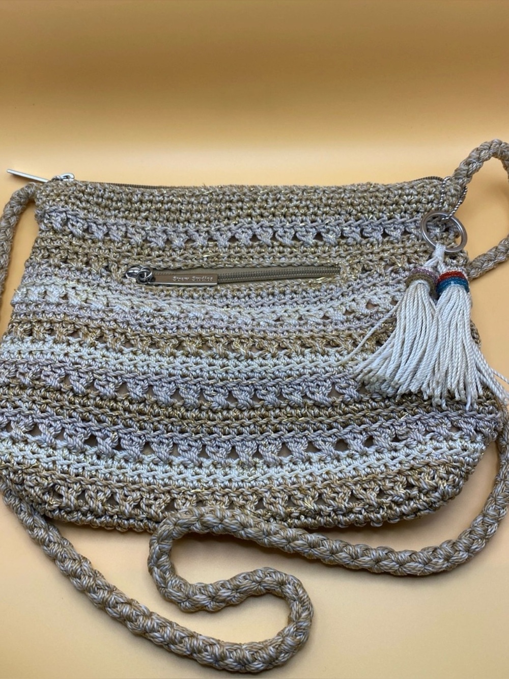 Straw Studios Tan Crochet Bag With Gold Thread